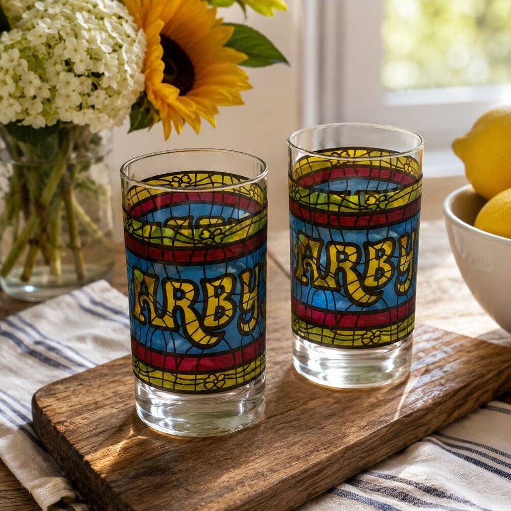 Vtg. Arby's Restaurant Promotion Stained Glass Drinking Tumbler Fast Food EUC